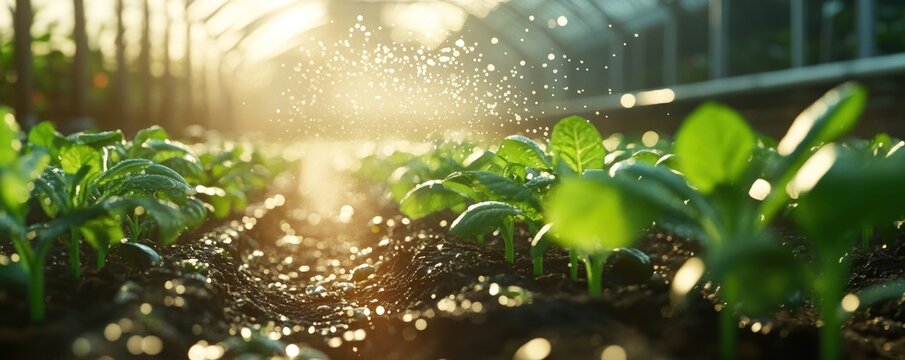 Young plants being watered in a greenhouse
