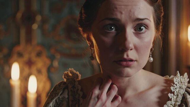 Jeune femme en robe d&rsquo;&eacute;poque avec regard inquiet dans un ch&acirc;teau, sc&egrave;ne dramatique historique


