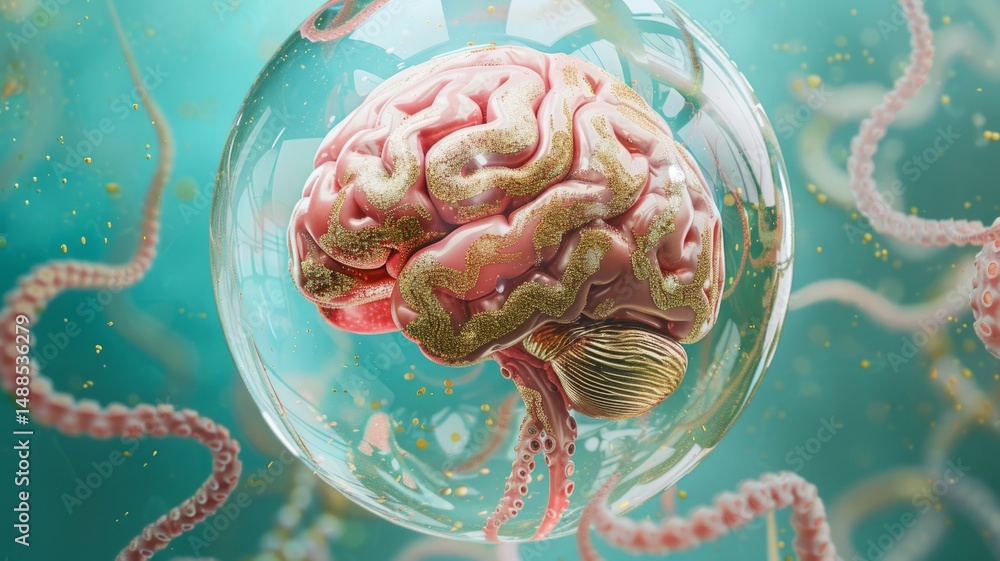 Poster encapsulated brain: neurological study - a detailed 3d of a brain enclosed in a transparent sphere, 