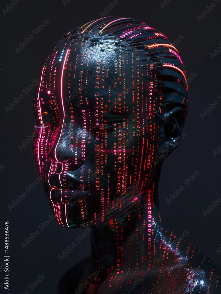 Poster essence: a portrait in code - a stylized head, in dark tones, displays glowing red and pink code sym
