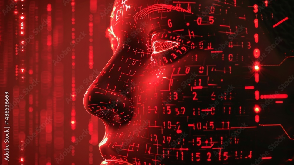 Poster face code - futuristic face, binary code, technology, ai, red background. symbolizing artificial int
