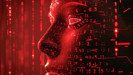 Face Code - Futuristic face, binary code, technology, AI, red background. Symbolizing artificial intelligence, data processing, identity, technological advancement and future