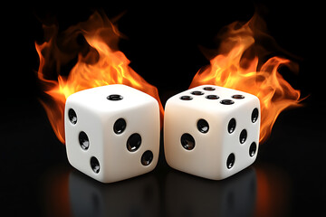 Two white dice with black dots engulfed in flames against a dark background, symbolizing risk
