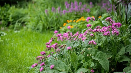Fototapeta premium Vibrant Pink Flowers in a Lush Garden