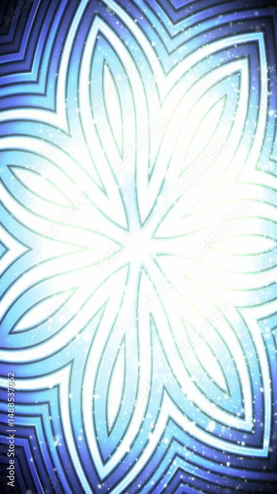 Poster blue glowing abstract flower-like pattern with hypnotic concentric curved lines on black background