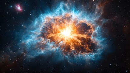 A cosmic masterpiece showcasing a vibrant nebula with a bright orange core amidst swirling clouds of gas and dust. Distant stars illuminate the vast cosmic landscape. Astronomy and Galaxy backgrounds.