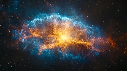 Obraz premium A breathtaking nebula radiates brilliant orange-yellow light from its core, enveloped by ethereal blue clouds amidst a star-studded canvas. Astronomy and Galaxy backgrounds.