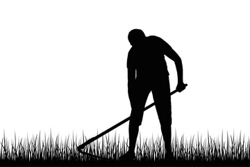 Vector silhouette of a man cutting grass with a scythe.