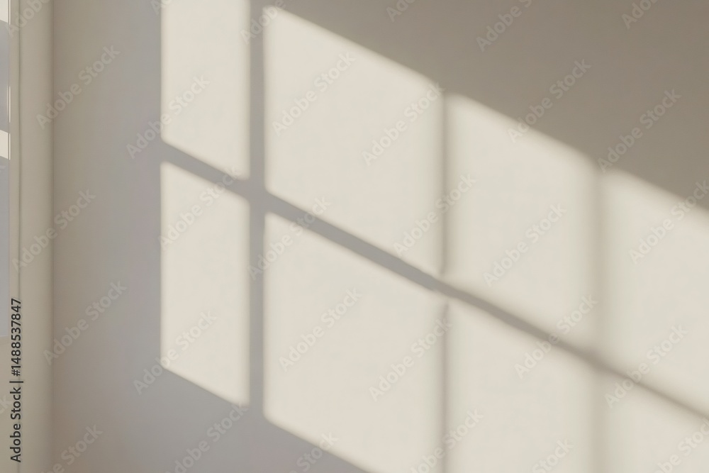 Poster sunlight is streaming through window and creating a beautiful shadow pattern on an empty wall, provi