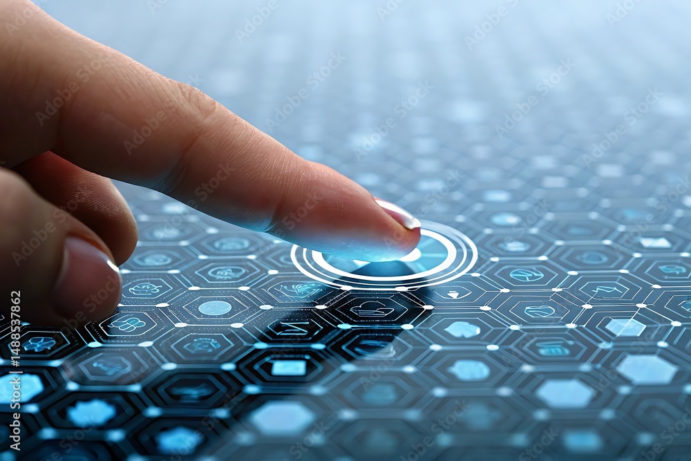 Poster fingertip selecting a digital icon on a futuristic touchscreen interface