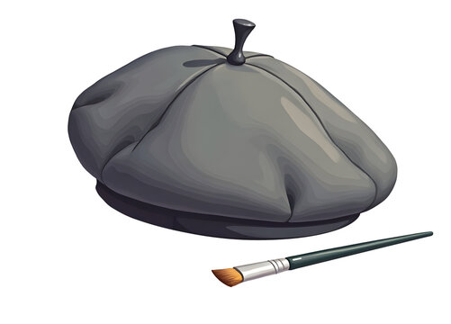 Gray beret and paintbrush with soft bristles, artistic tools for creative expression, cut out