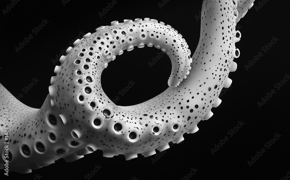 Poster an abstract white tentacle made from dots on a black background, with intricate details and a hyper-