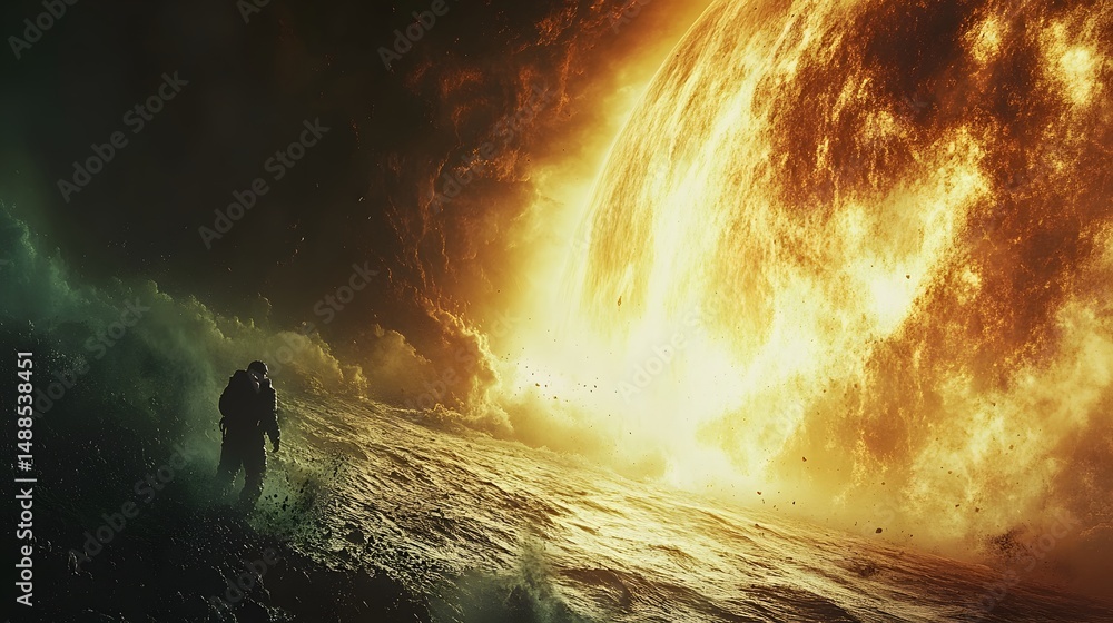 Poster a lone astronaut explores a desolate planet, bathed in the warm glow of a distant, molten star. vast