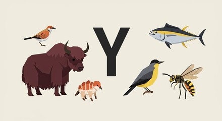 Vibrant Y Alphabet Illustration with Diverse Animals