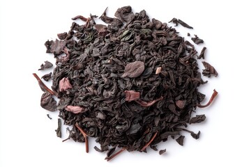 Obraz premium Aromatic black pu-erh tea leaves and dry red Chinese pu-er are captured in a close-up, isolated on a white surface