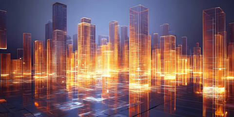 Futuristic Cityscape with Transparent Skyscrapers and Neon Lights