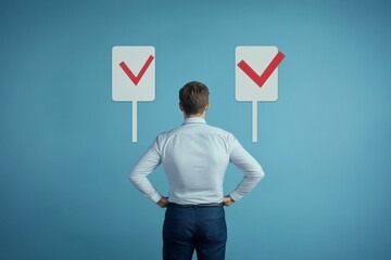 Businessman contemplating two signs with check marks.