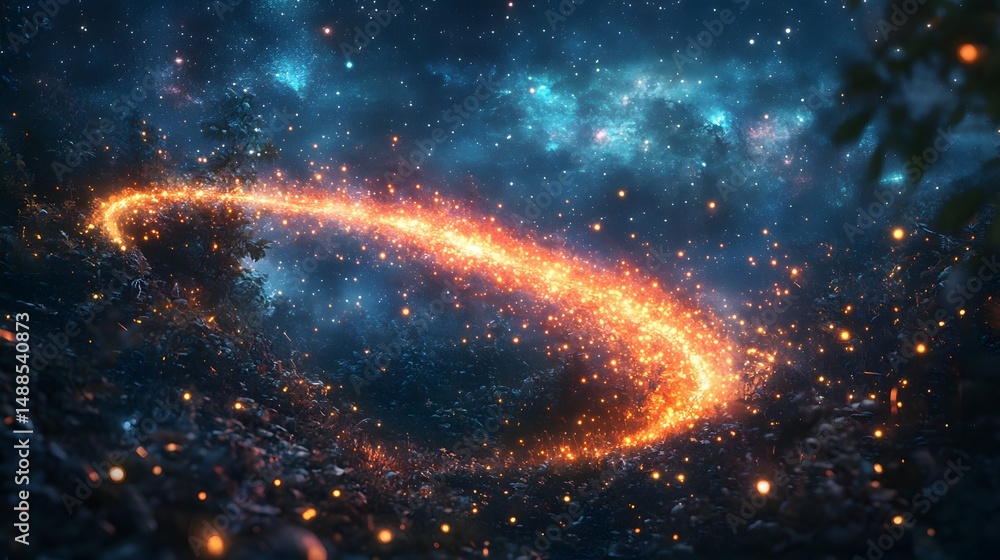 Poster a celestial river of light flows across a vibrant landscape beneath a starlit nebula. nature meets c