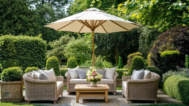 Wide-angle video shot of a cozy garden patio with wicker furniture and a large umbrella, surrounded by lush greenery and vibrant flowers.