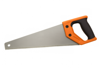 Close-up of a hand saw featuring an orange and black handle, isolated on a transparent background, ready for woodworking projects