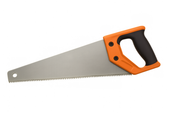 Close-up of a hand saw featuring an orange and black handle, isolated on a transparent background, ready for woodworking projects