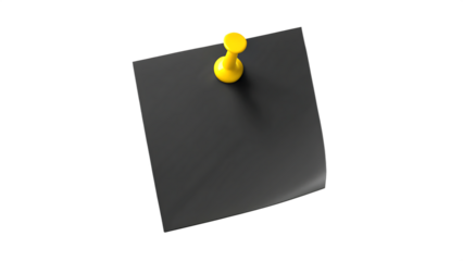 Black sticky post it note with yellow pushpin   isolated on white  background PNG