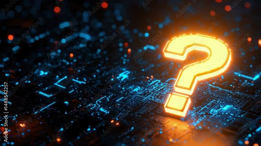 Poster illuminated question mark on digital circuit board with glowing components and technology theme 4k v