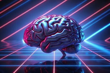 Metallic Human Brain Model in Neon Retro Grid Setting Artificial Intelligence Concept