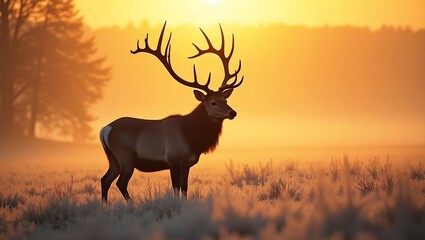 Majestic Elk with Large Antlers in Frosty Field at Sunrise | Majestic Elk Silhouetted Against a Golden Sunrise in a Misty Wilderness