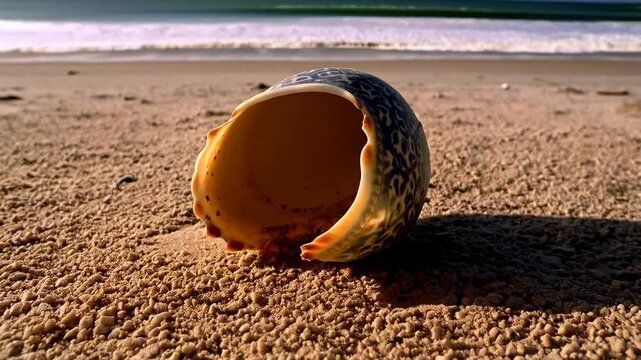 A large sea shell with a leopard-like pattern sitting on a sandy beach near ocean waves