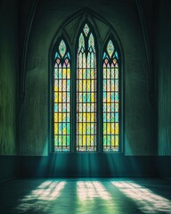 Gothic stained glass windows in cathedral casting colorful light patterns
