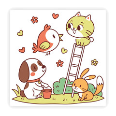 Cute Animal Faces Hand Sketched Doodle Vector