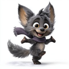 Cartoon fluffy wolf cub dancing on snow in joyful winter scene
