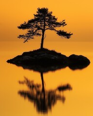 Lone tree reflected in tranquil lake under vivid orange sunset sky
