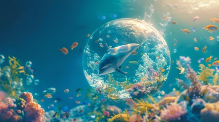 Fototapeta premium Ocean's Embrace: A Dolphin's Sanctuary - A dolphin swims freely inside a transparent bubble, symbolizing protection, serenity, marine life, ocean conservation, and the fragility of nature