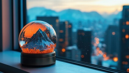 Snow globe city sunset view.