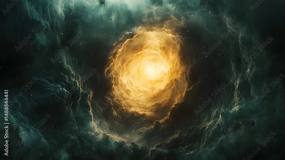 Poster a vibrant cosmic nebula explodes with golden light, surrounded by teal and green interstellar clouds