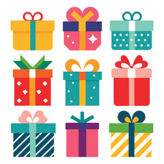 Gift box. Colorful present boxes with bright ribbons and bows, modern packing for christmas gifts, decorative stylish wrap flat vector set
