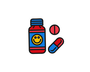 Cartoon medicine bottle with smiley face and colorful pills  