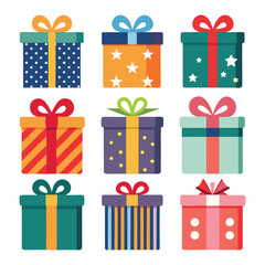 Colored Gift Boxes with Ribbon. Set of gift boxes different shapes and sizes
