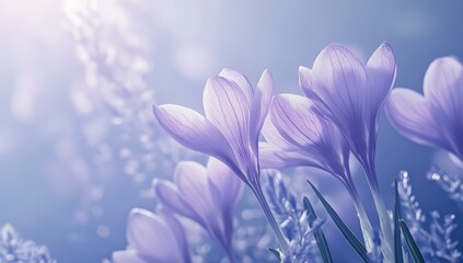 Spring Crocus Flowers with Sunlight, and Meadow.