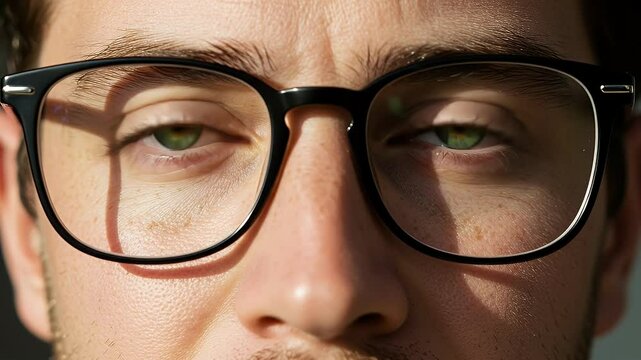 A Close-up of a person with green eyes and freckles wearing glasses.