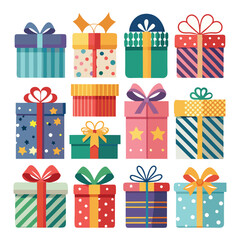  Gift boxes icons set. Collection of colorful gift boxes with ribbon bow on white background. Holiday presents. Vector illustration.
