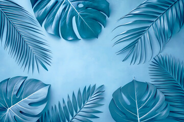 Tropical blue leaves background monstera and palm leaves summer design blue color aesthetic wallpaper art