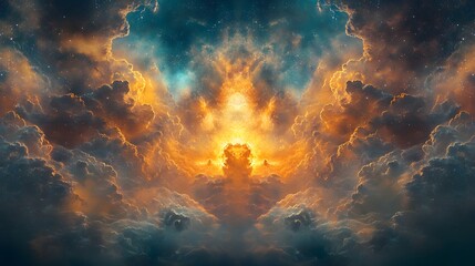 Dramatic clouds bathed in golden light create a celestial masterpiece against a dark, star-studded sky. This awe-inspiring scene evokes wonder and peace. Astronomy and Galaxy backgrounds