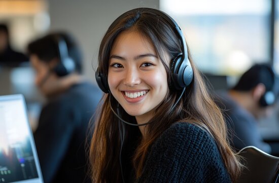 Happy customer service representative wearing headphones