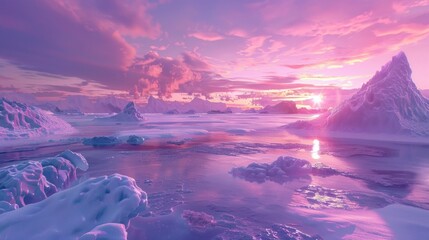 Pink Sunset Over Icebergs