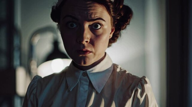 Infirmi&egrave;re en uniforme ancien regardant avec inqui&eacute;tude, ambiance dramatique dans un couloir sombre

