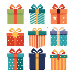  Gift box in a flat design. Set of Christmas gifts, New Year presents. Colorful present boxes. Cartoon gift box collection
