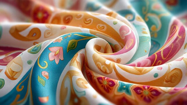 Colorful fabric swirl featuring intricate floral patterns.